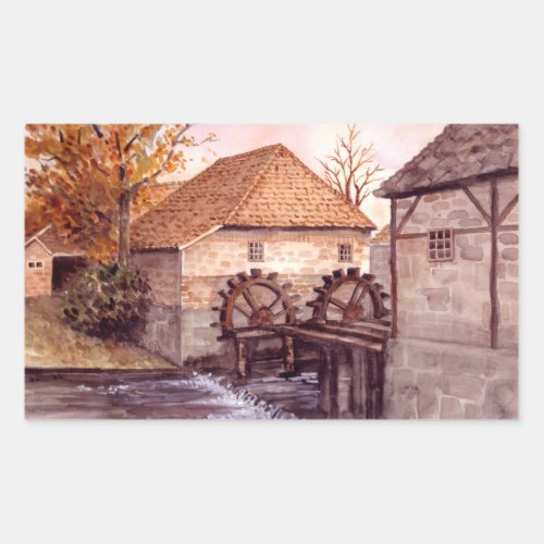 Watermill Watercolor Painting by Farida Greenfield Rectangular Sticker