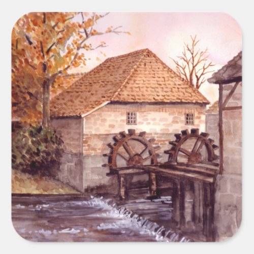 Watermill Watercolor Painting by Farida Greenfield Square Sticker