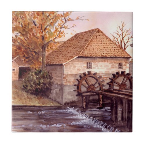 Watermill Watercolor Painting by Farida Greenfield Tile