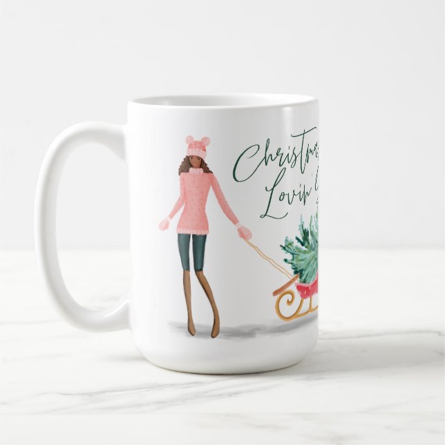 Waterolor Christmas Lovin' Girl Pulling Sleigh Coffee Mug (Left)