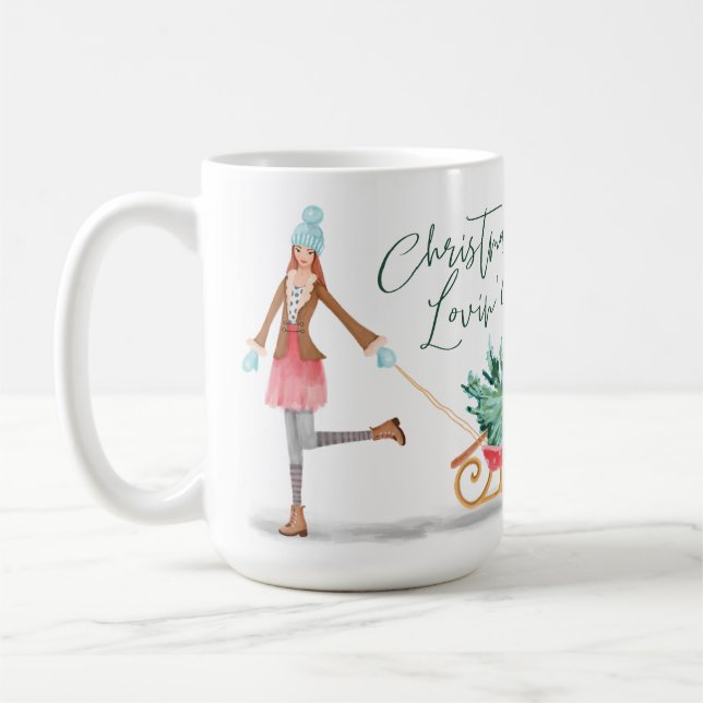 Waterolor Christmas Lovin' Girl Pulling Sleigh Coffee Mug (Left)