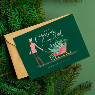 Waterolor Christmas Lovin' Girl Pulling Sleigh Holiday Card