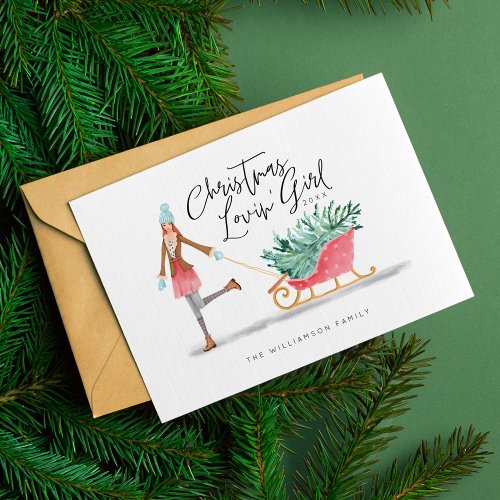 Waterolor Christmas Lovin Girl Pulling Sleigh Holiday Card