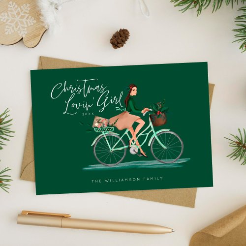 Waterolor Christmas Lovin Girl Riding A Bicycle Holiday Card