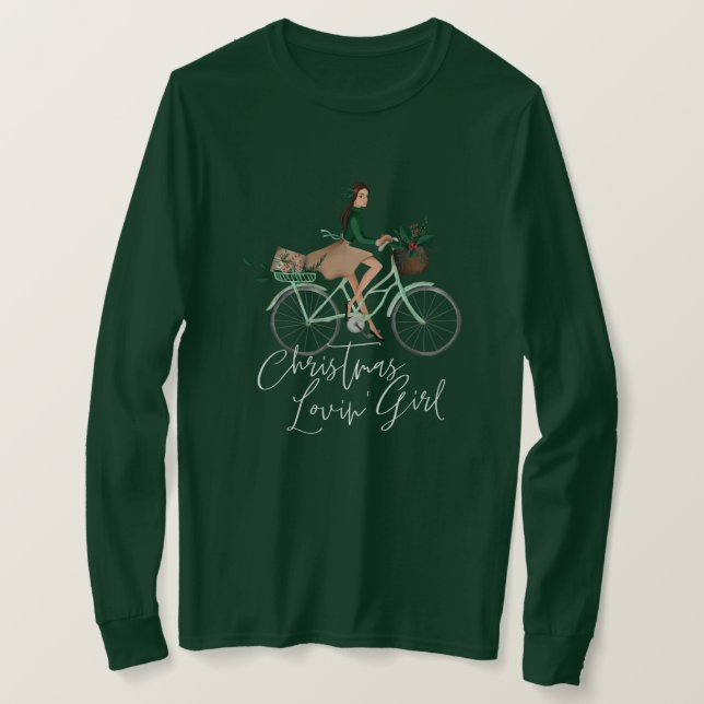 Waterolor Christmas Lovin' Girl Riding A Bicycle T-Shirt (Design Front)