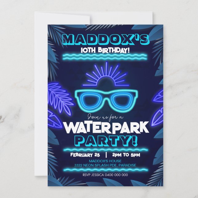 Waterpark Party Invitation Neon Boy Summer (Front)