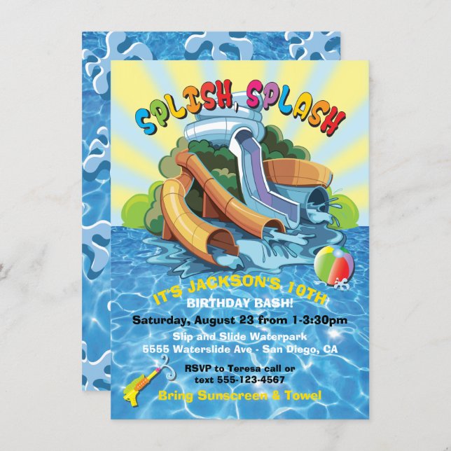 Waterpark Waterslide Pool Party Birthday Invite (Front/Back)