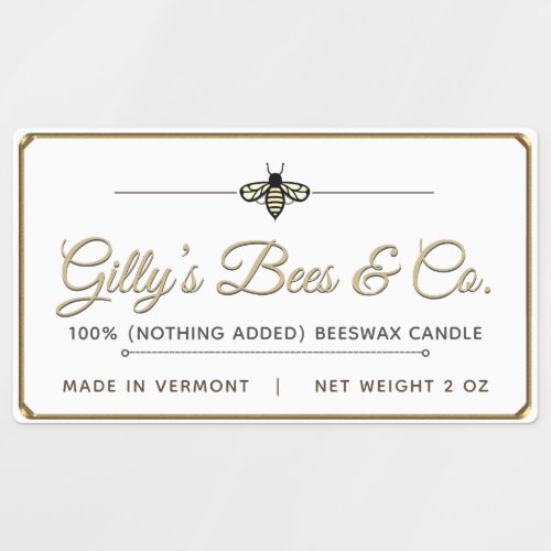 Waterproof Beeswax Candle Label Gold Border Bee