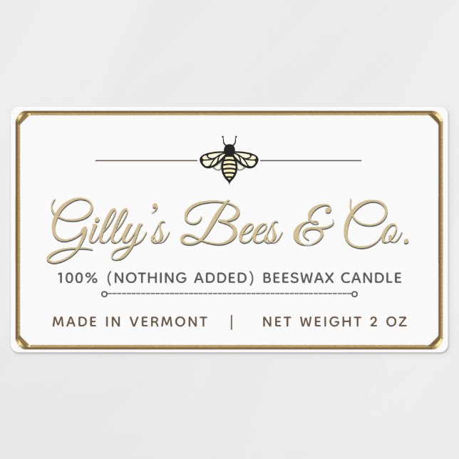 Waterproof Beeswax Candle Label Gold Border Bee (Design 3)