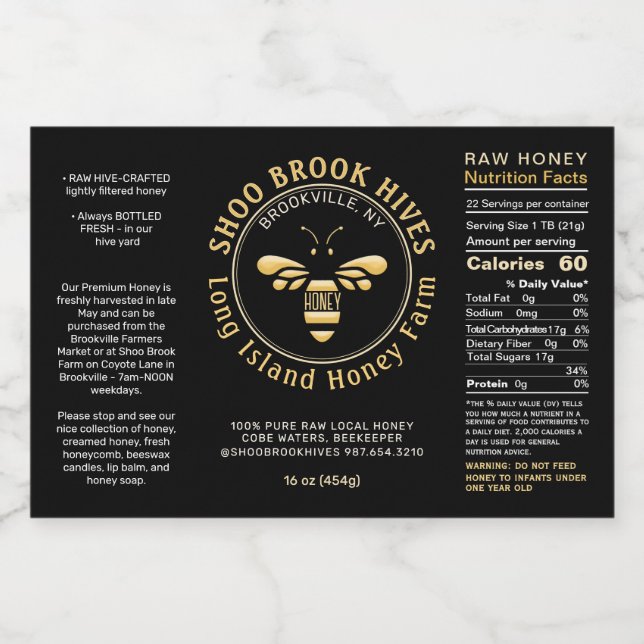 Waterproof Honey Bee Hex Jar Label Nutrition Facts (Single Label)