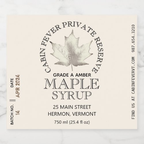 Waterproof Maple Syrup Logo Batch Date 4 x 35 Liquor Bottle Label