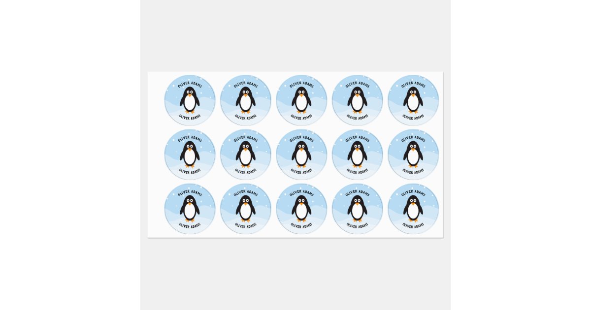 Waterproof penguin labels for school camp daycare | Zazzle