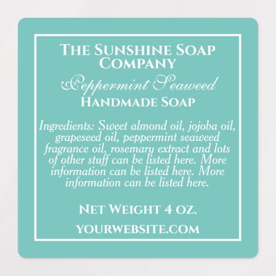 Waterproof simple teal & white soap cosmetics labels