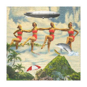 Waterskiing Girls Tropical Blimp Dolphin Collage Canvas Print