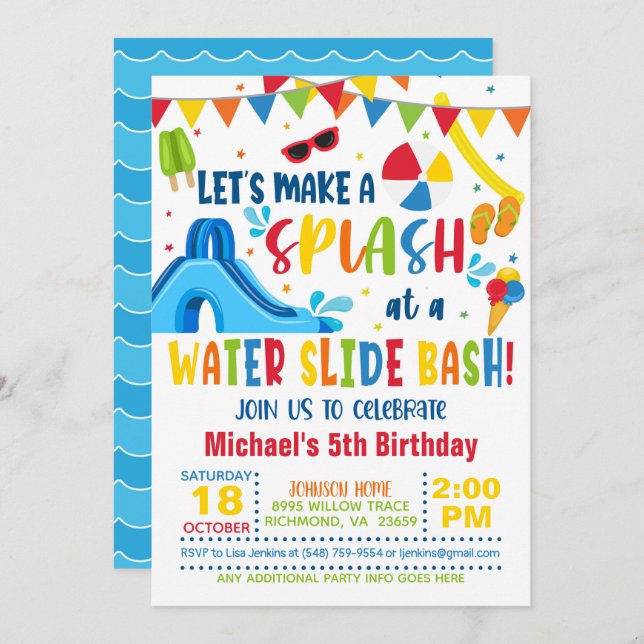 Waterslide Bash Birthday Invitation - Boy (Front/Back)