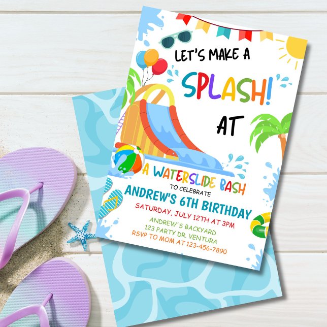 Waterslide Bash Birthday Invitation, Pool Party Invitation (Colorful waterslide birthday invitation with tropical summer pool party vibes for kids.)