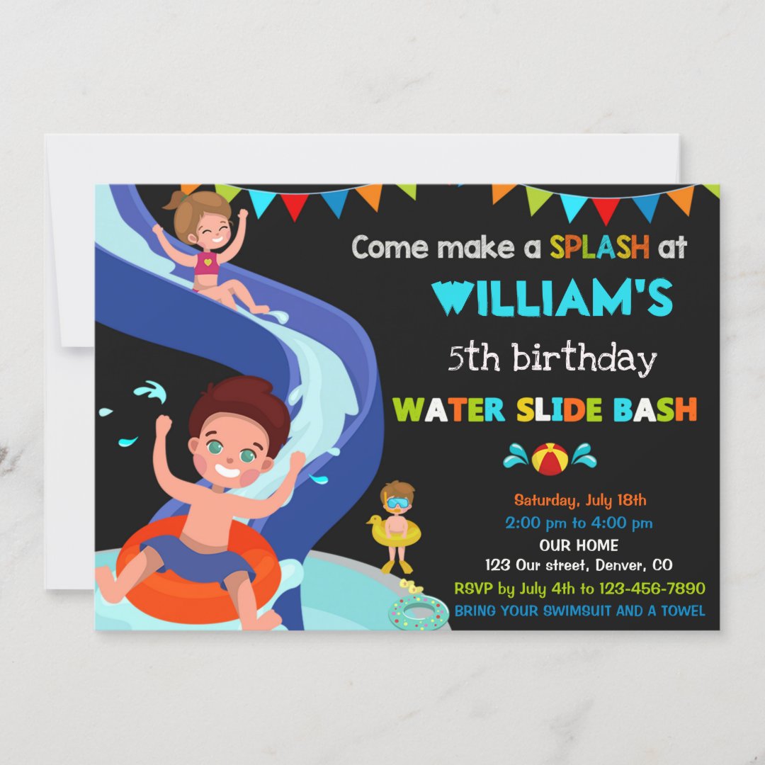 Waterslide birthday invitation Boy Pool party | Zazzle