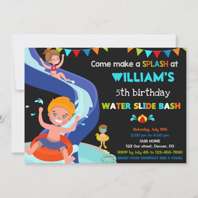 Waterslide birthday invitation Boy Pool party (Front)
