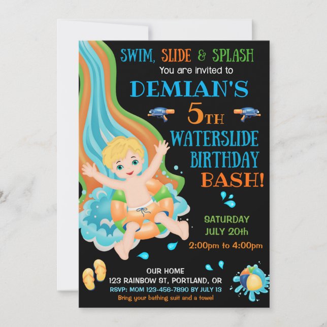 Waterslide birthday invitation Boy pool party fun (Front)