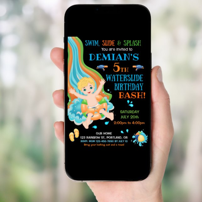 Waterslide birthday invitation Boy pool party fun (Front Digital)