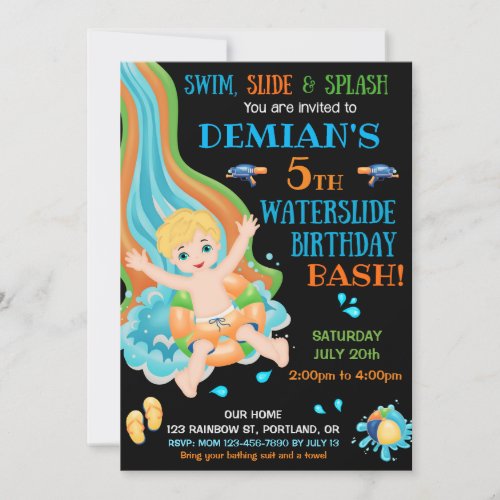 Waterslide birthday invitation Boy pool party fun