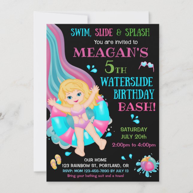 Waterslide birthday invitation Girl pool party fun (Front)