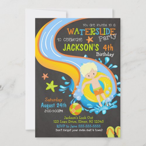 Waterslide Birthday Invitation  Pool Party  Boy