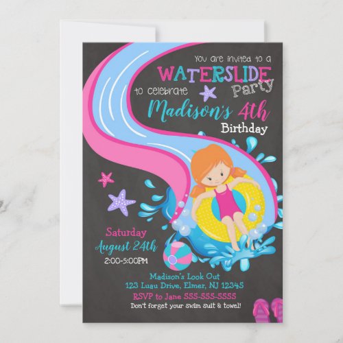 Waterslide Birthday Invitation  Pool Party  Girl