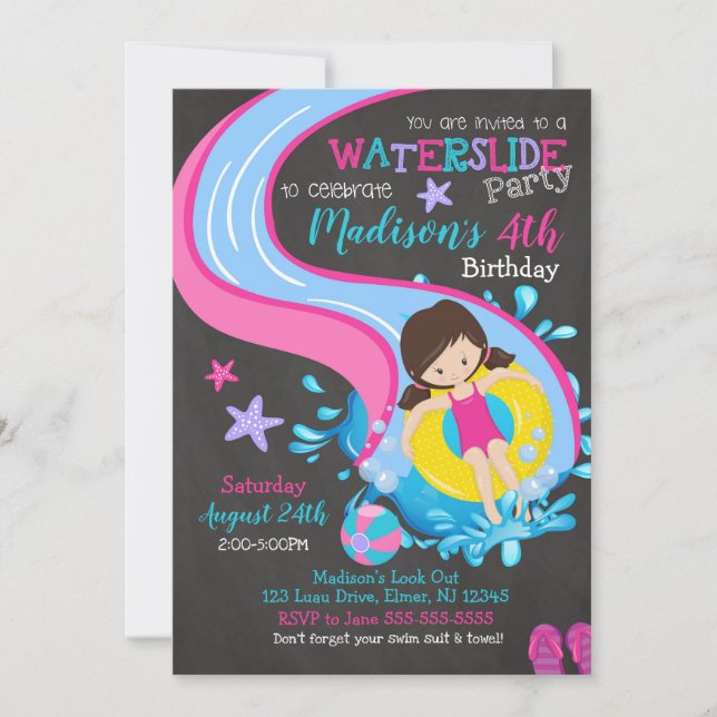 Waterslide Birthday Invitation / Pool Party / Girl (Front)