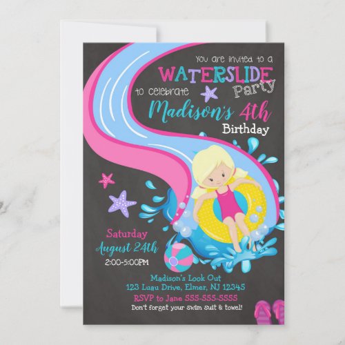 Waterslide Birthday Invitation  Pool Party  Girl