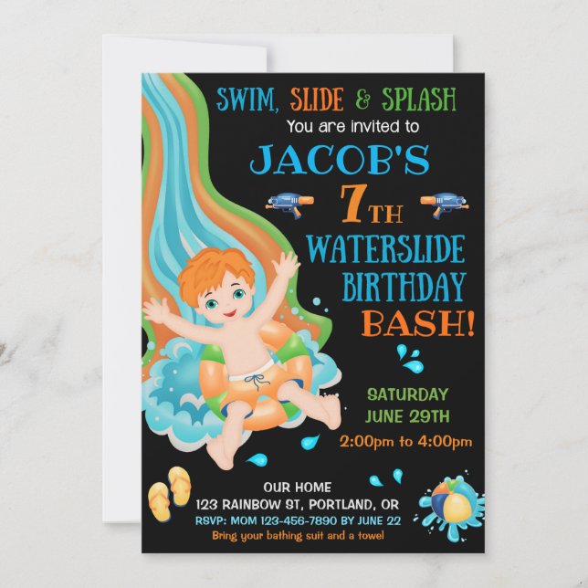 Waterslide birthday invitation Splish splash party (Front)