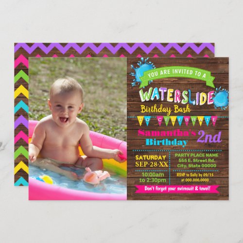 Waterslide birthday summer bash hot pink photo invitation