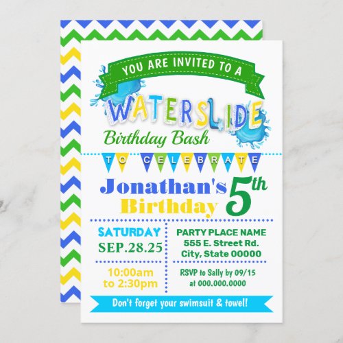 Waterslide birthday summer party blue green yellow invitation