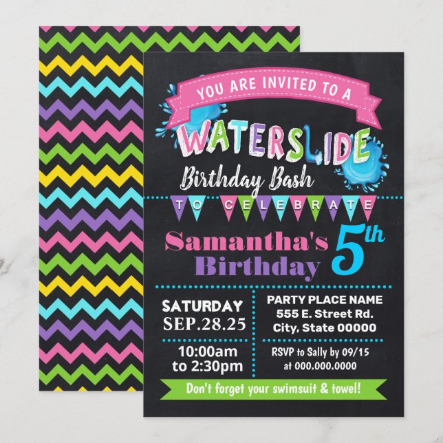 Waterslide birthday summer party chalkboard pink invitation (Front/Back)