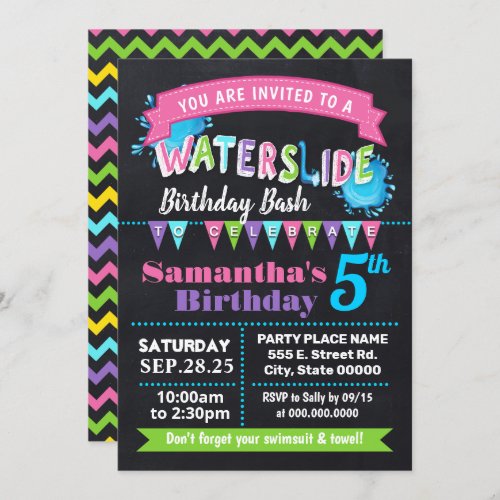 Waterslide birthday summer party chalkboard pink invitation