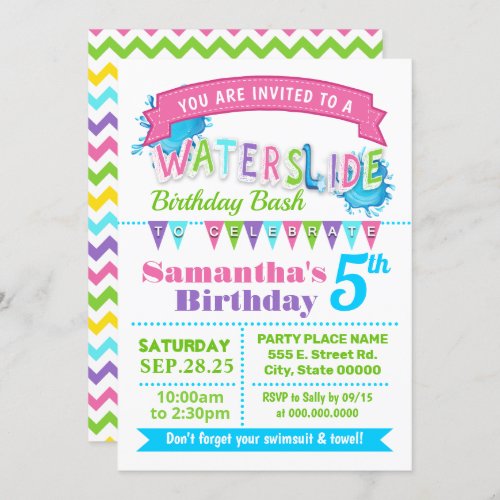 Waterslide birthday summer party pink teal purple invitation