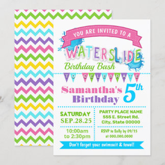 Waterslide birthday summer party pink teal purple invitation