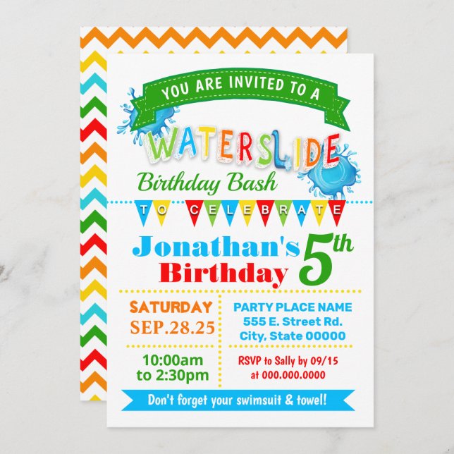 Waterslide birthday summer party primary colors invitation (Front/Back)