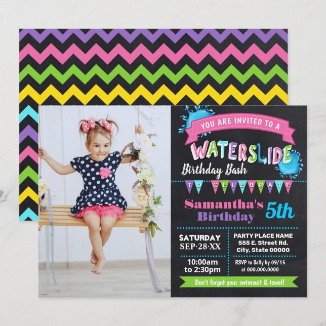 Waterslide birthday summer pink chalkboard photo invitation (Front/Back)