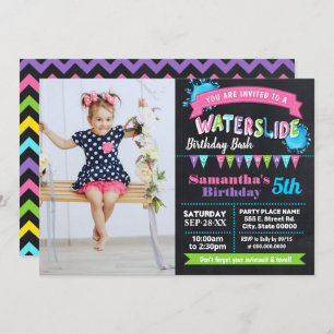 Waterslide birthday summer pink chalkboard photo invitation