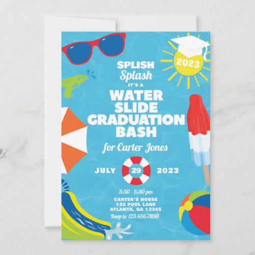 Waterslide Graduation Bash  Pool Party Invitation