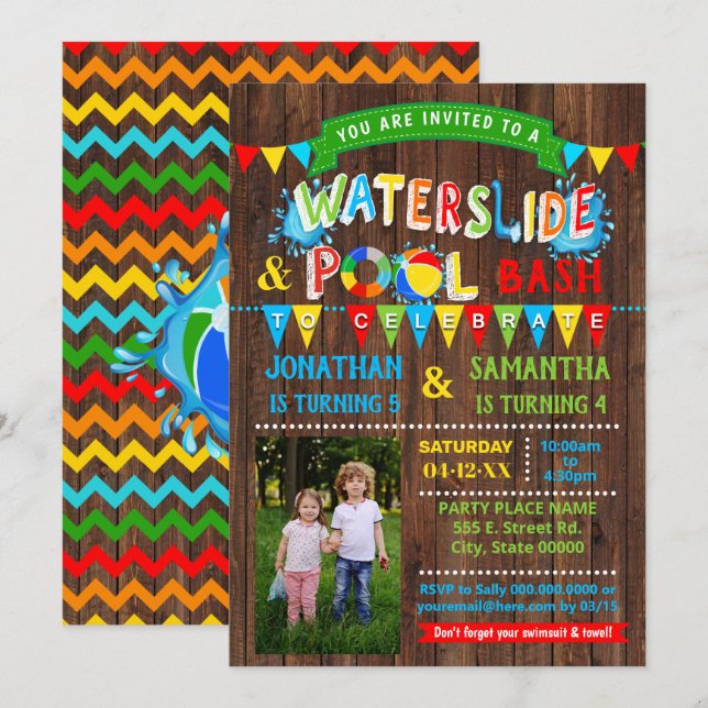 Waterslide Pool Birthday Combined Party Photo Invitation (Front/Back)