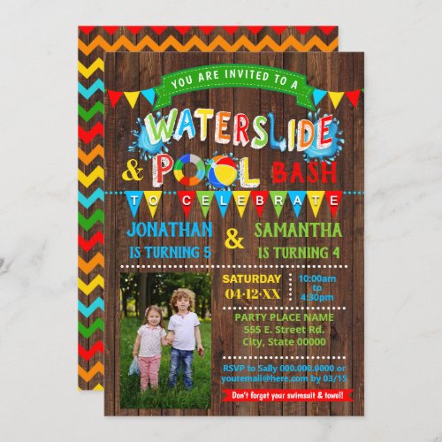 Waterslide Pool Birthday Combined Party Photo Invitation
