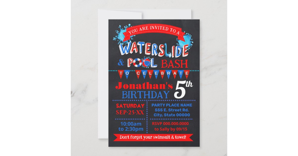 Waterslide Pool Birthday Party Bash Red White Blue Invitation | Zazzle