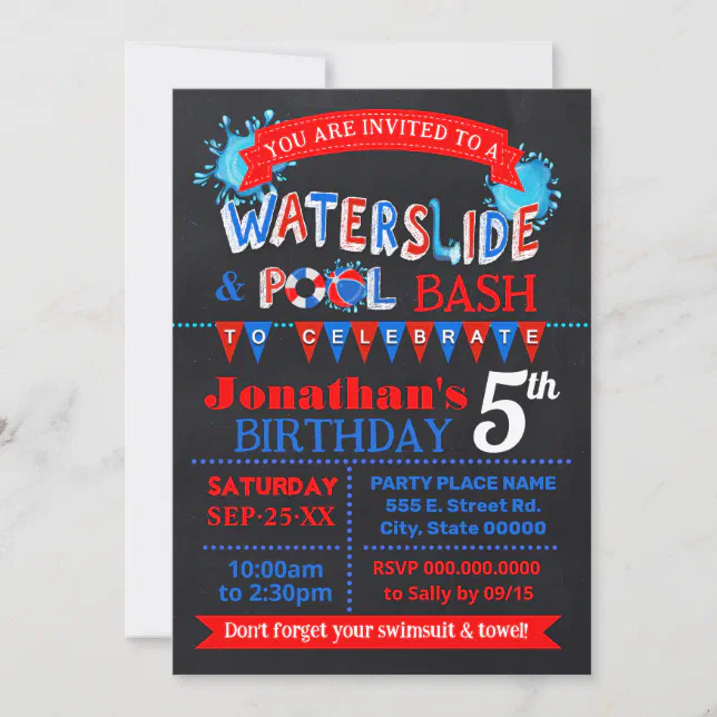 Waterslide Pool Birthday Party Bash Red White Blue Invitation | Zazzle