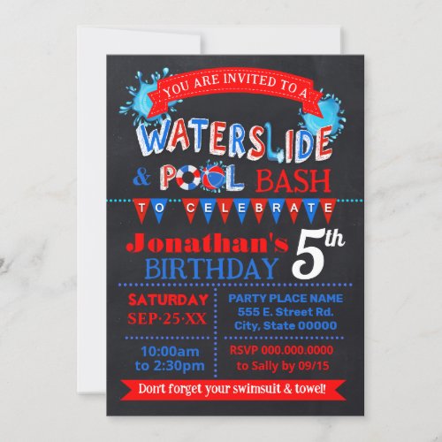 Waterslide Pool Birthday Party Bash Red White Blue Invitation