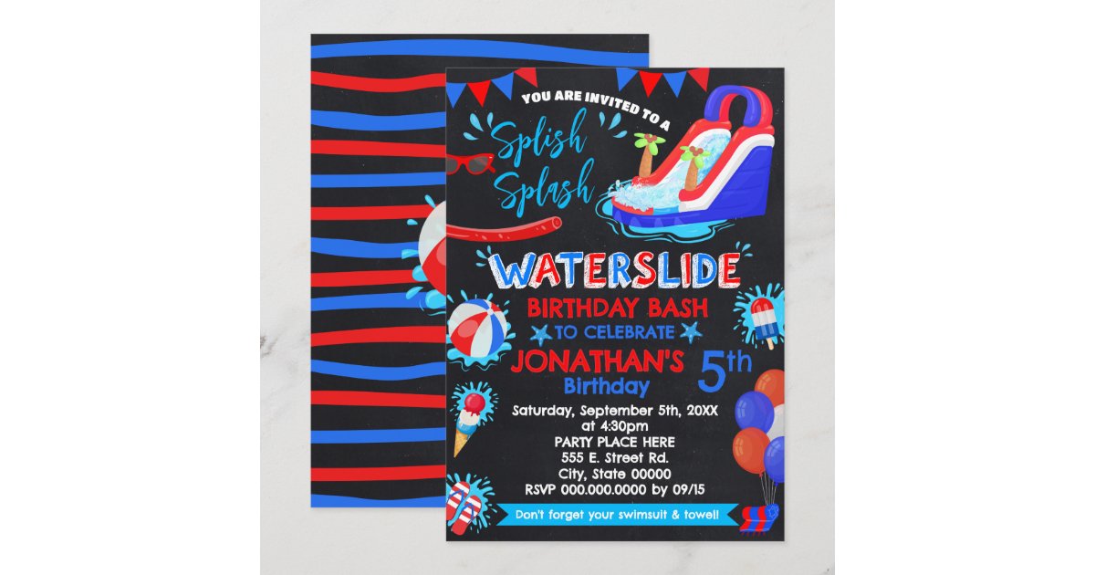 Waterslide Splish Splash Birthday Red White Blue Invitation | Zazzle