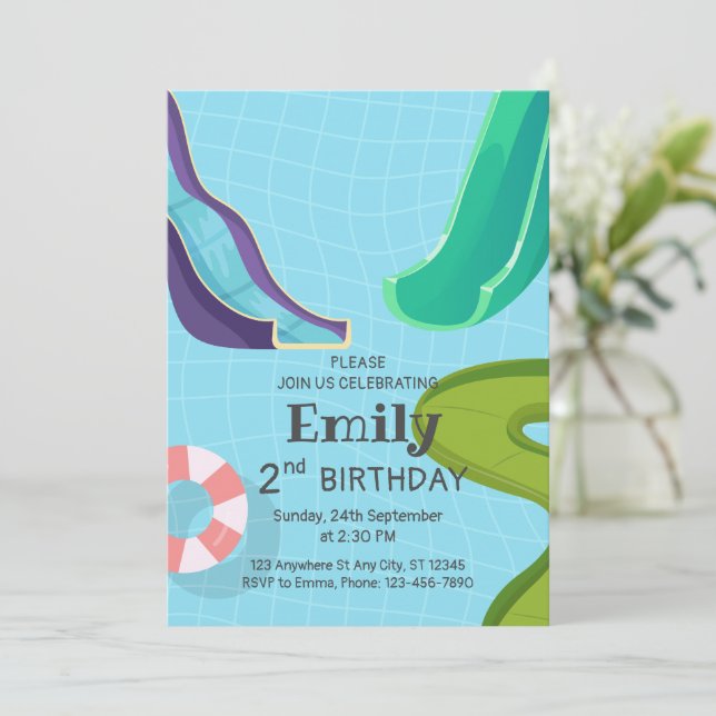 Waterslides Pool Birthday Party,  Water Slide Invitation (Standing Front)
