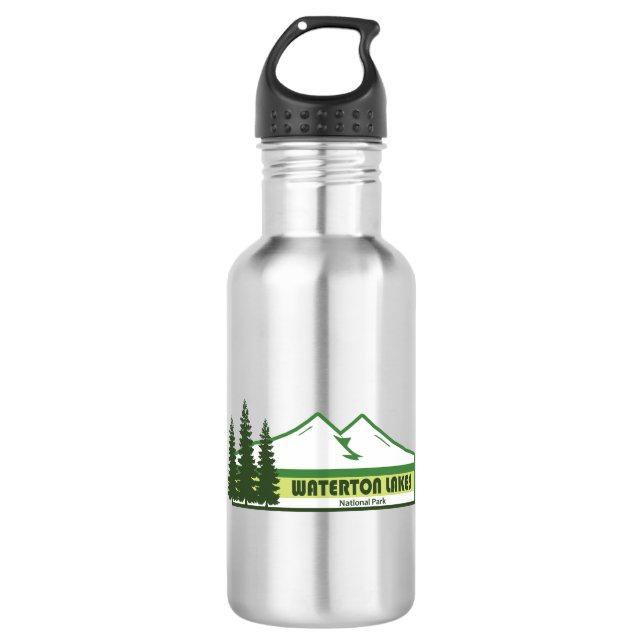 Waterton Lakes National Park Green Stripes Stainless Steel Water Bottle (Front)