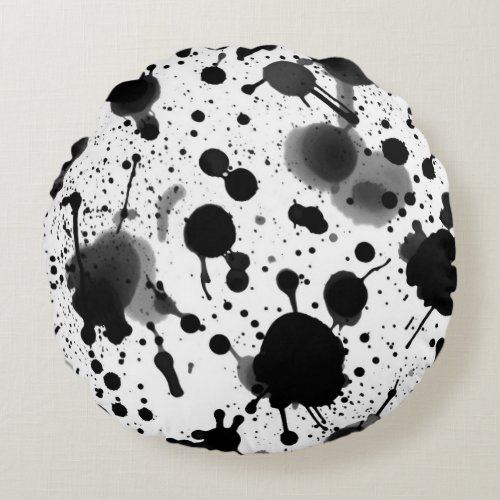 Watery Black Ink Splatter Stains on White Round Pillow